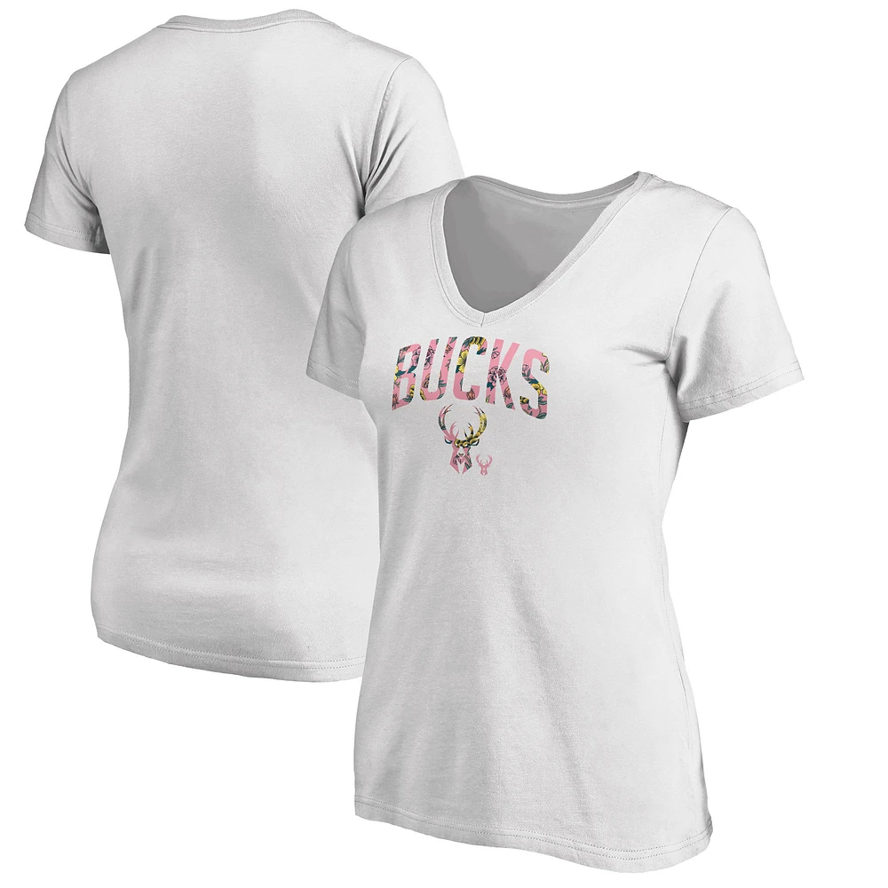 Women's White Milwaukee Bucks Floral Arch V-Neck T-Shirt