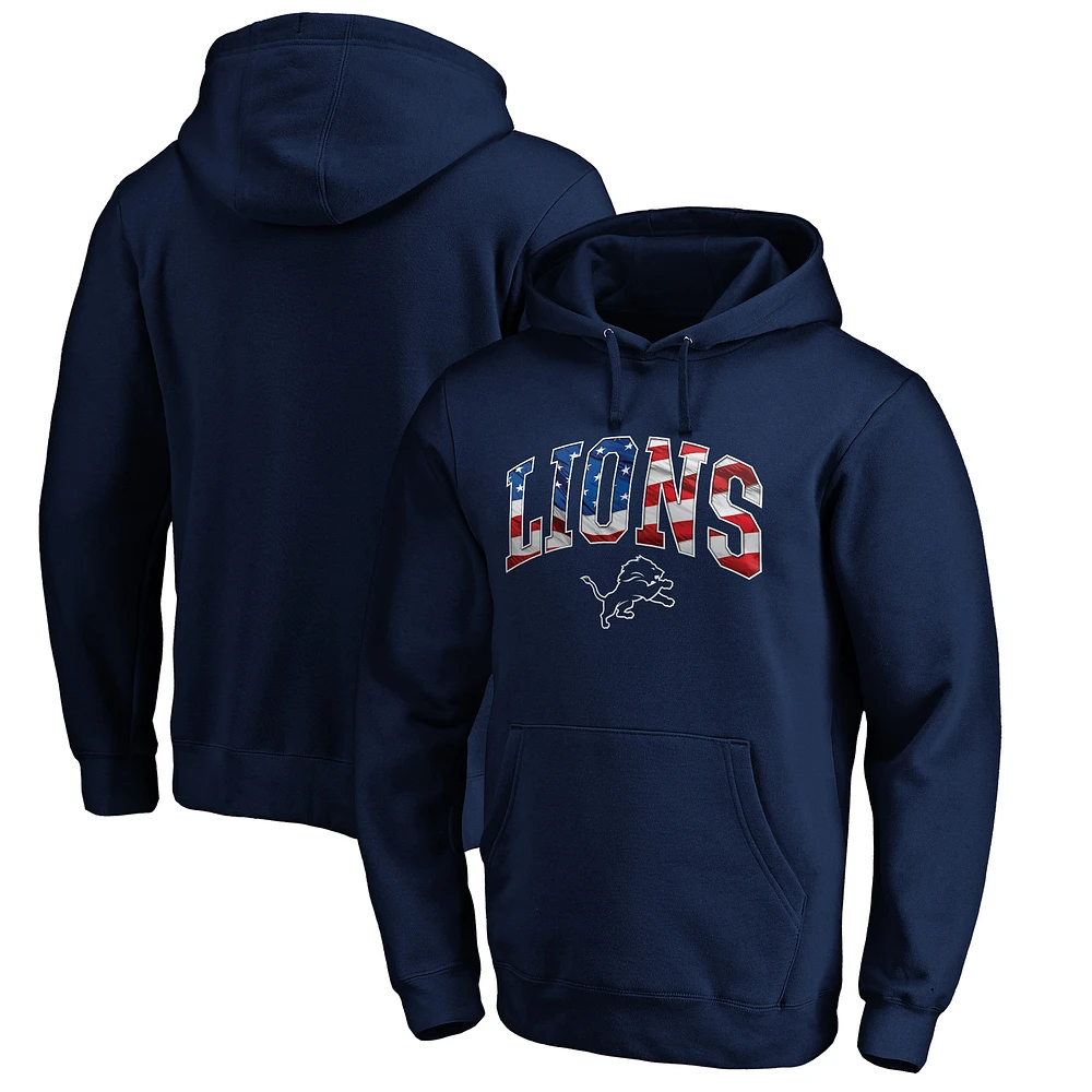 Men's Navy Detroit Lions Banner Wave Fitted Pullover Hoodie