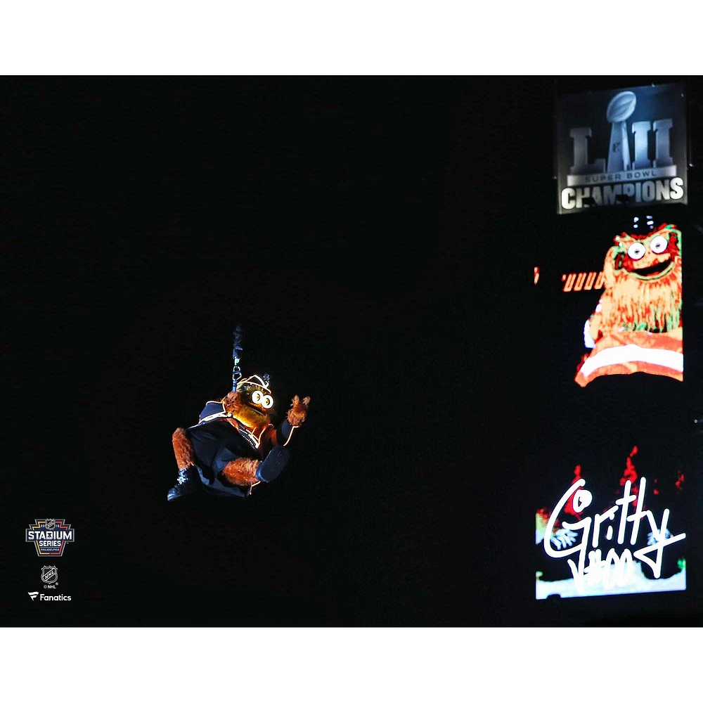 Gritty Philadelphia Flyers Unsigned 2019 Stadium Series Rappelling Entrance Photograph
