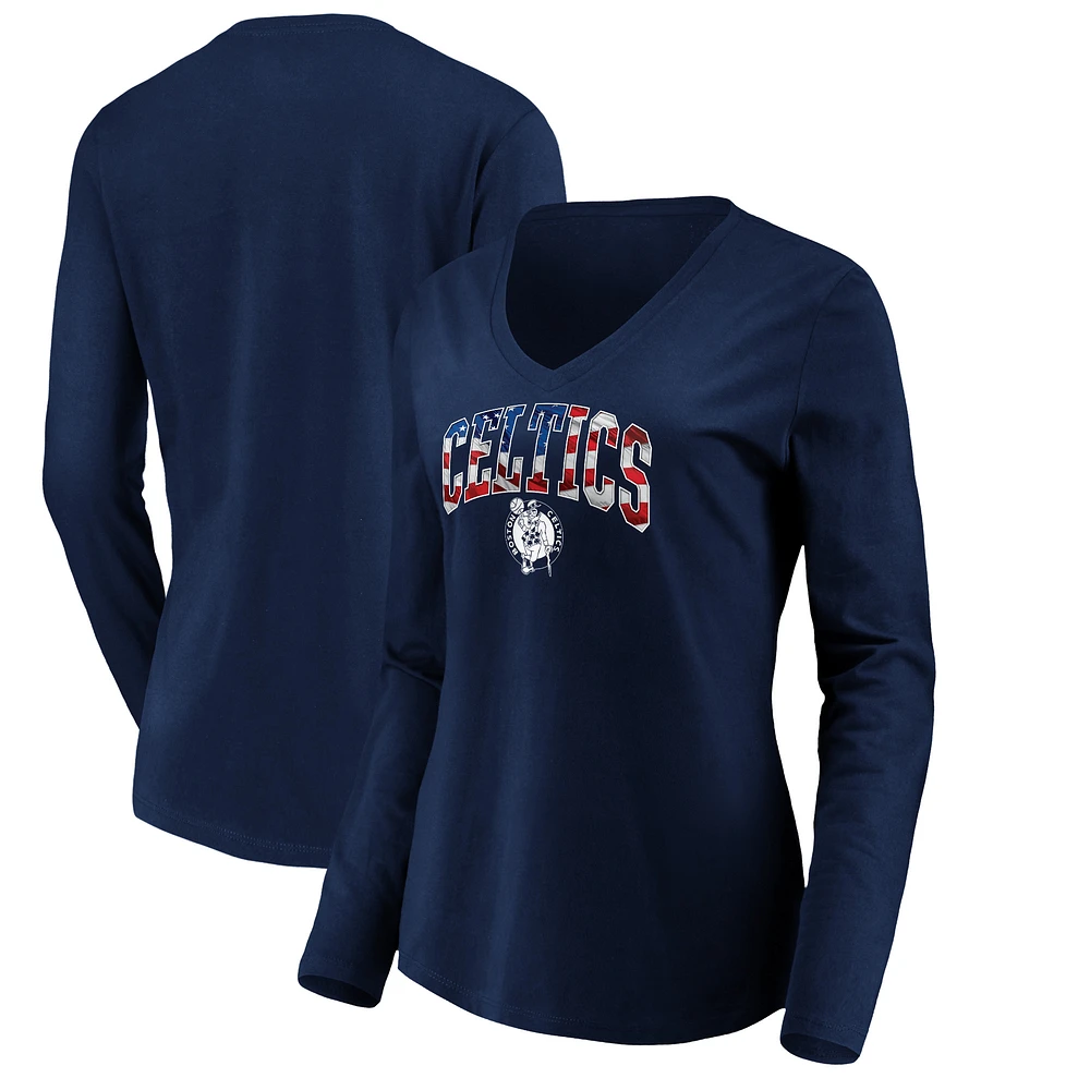 Women's Navy Boston Celtics Banner Wave V-Neck Long Sleeve T-Shirt