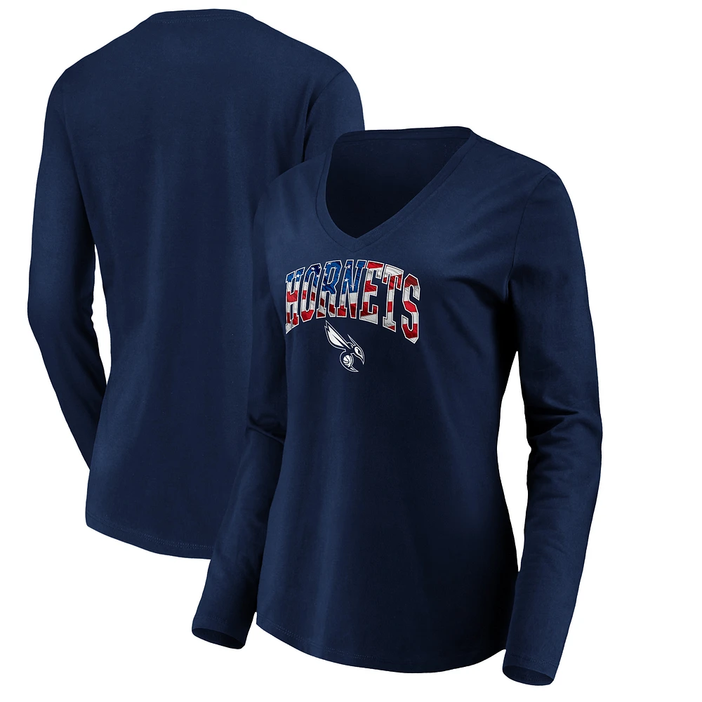 Women's Navy Charlotte Hornets Banner Wave V-Neck Long Sleeve T-Shirt