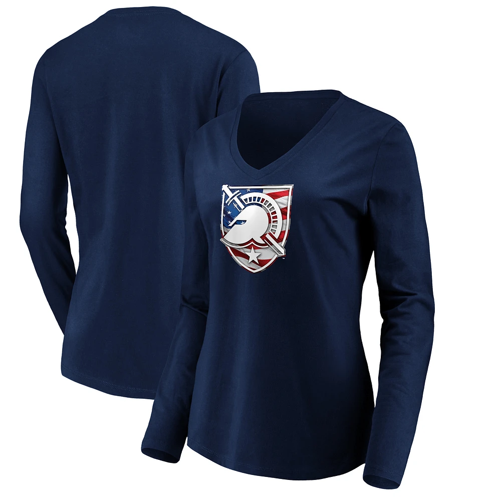 Women's Navy Army Black Knights Banner Wave Long Sleeve V-Neck T-Shirt