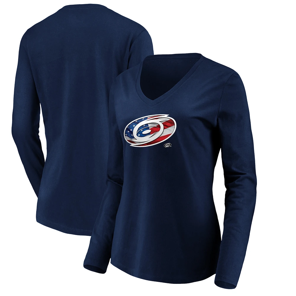 Women's Navy Carolina Hurricanes Banner Wave Logo Long Sleeve V-Neck T-Shirt