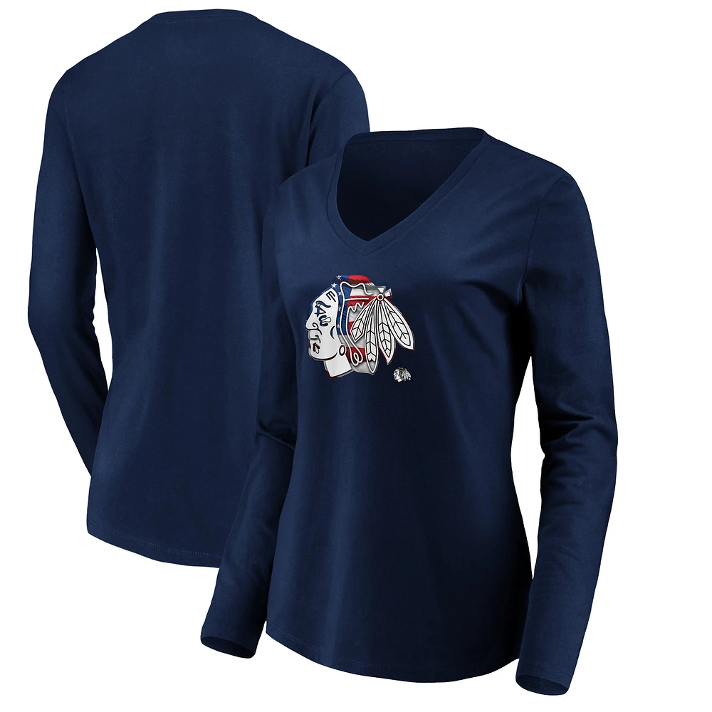 Women's Navy Chicago Blackhawks Banner Wave Logo Long Sleeve V-Neck T-Shirt