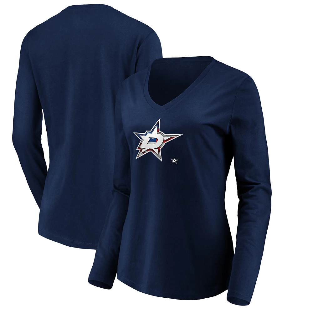 Women's Navy Dallas Stars Banner Wave Logo Long Sleeve V-Neck T-Shirt