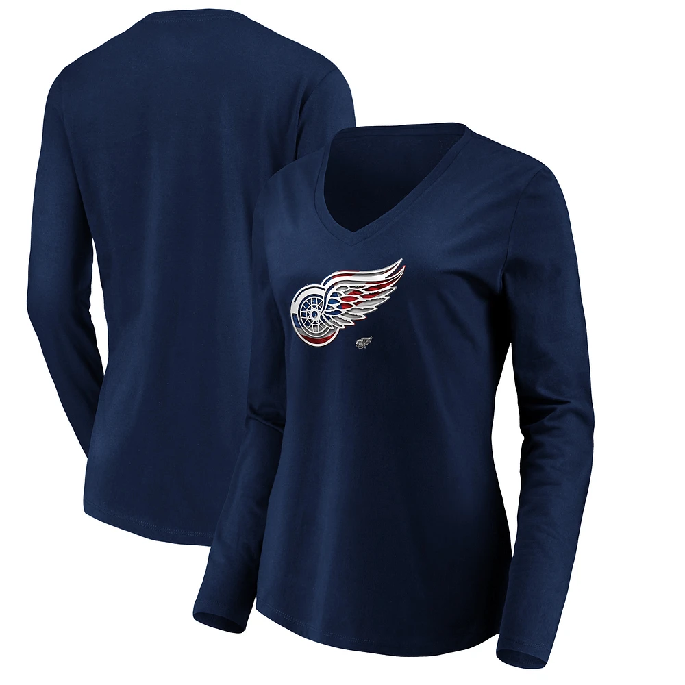 Women's Navy Detroit Red Wings Banner Wave Logo Long Sleeve V-Neck T-Shirt