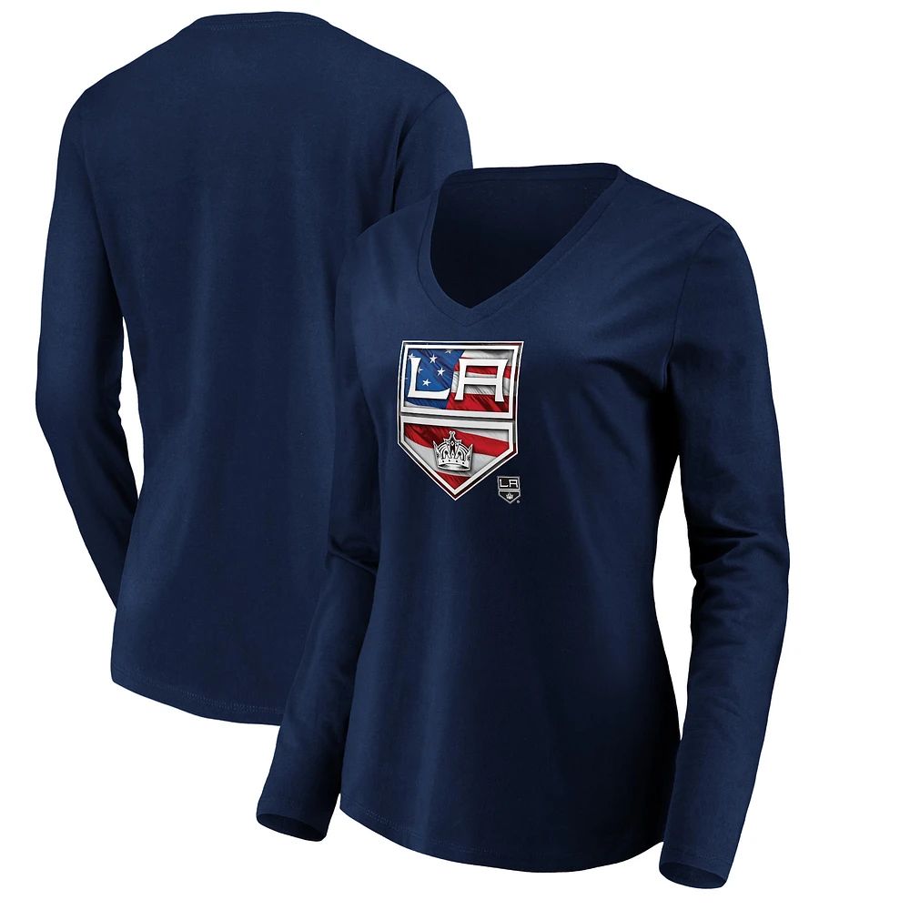 Women's Navy Los Angeles Kings Banner Wave Logo Long Sleeve V-Neck T-Shirt