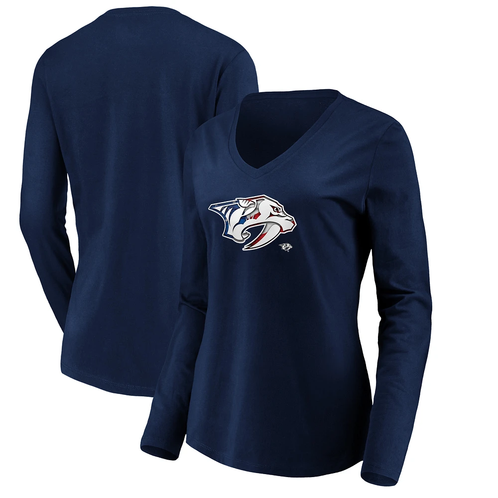Women's Navy Nashville Predators Banner Wave Logo Long Sleeve V-Neck T-Shirt
