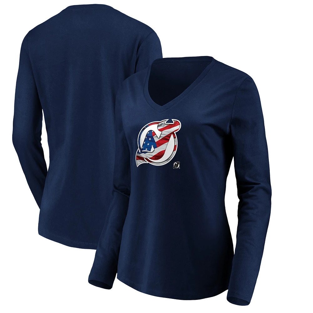 Women's Navy New Jersey Devils Banner Wave Logo Long Sleeve V-Neck T-Shirt