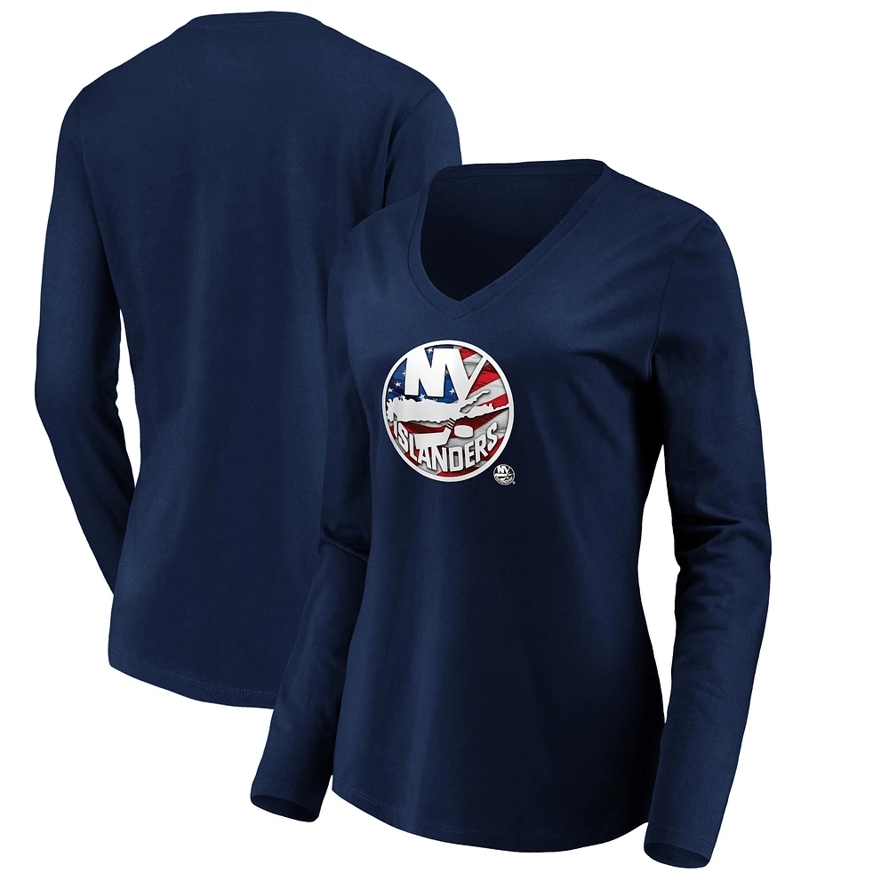 Women's Navy New York Islanders Banner Wave Logo Long Sleeve V-Neck T-Shirt
