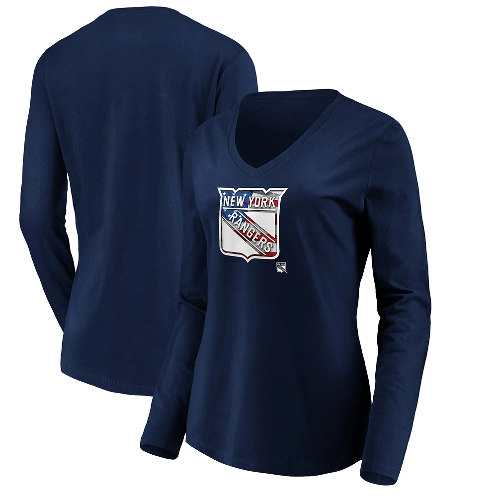 Women's Navy New York Rangers Banner Wave Logo Long Sleeve V-Neck T-Shirt