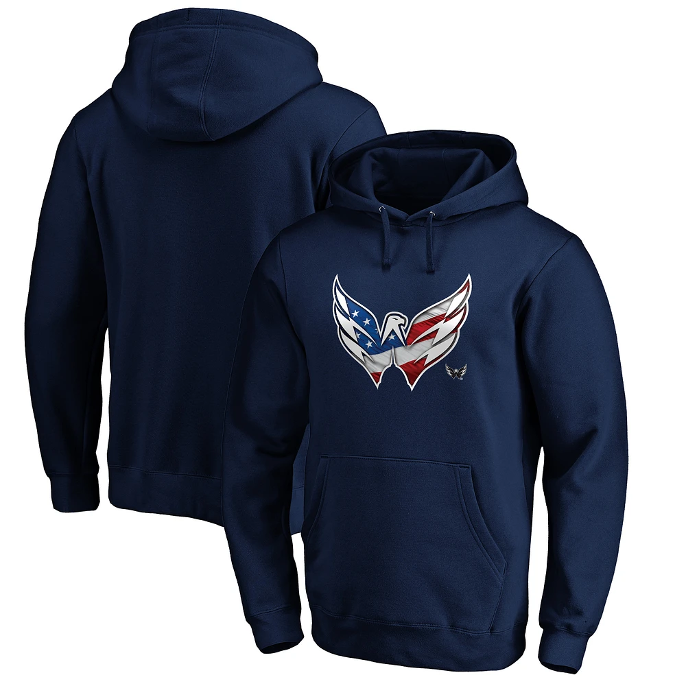 Men's Navy Washington Capitals Banner Wave Logo Pullover Hoodie