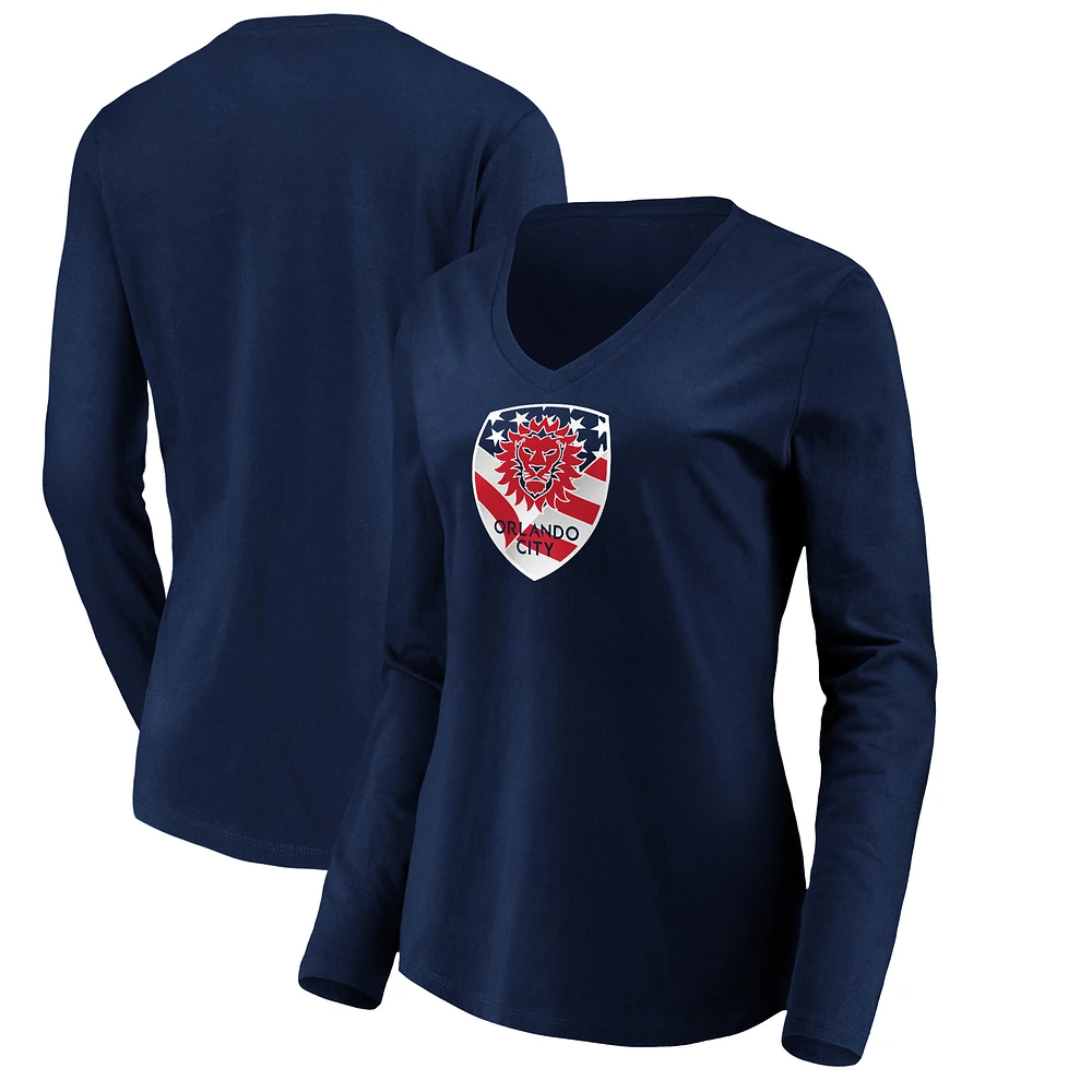 Women's Navy Orlando City SC Banner Wave Long Sleeve V-Neck T-Shirt