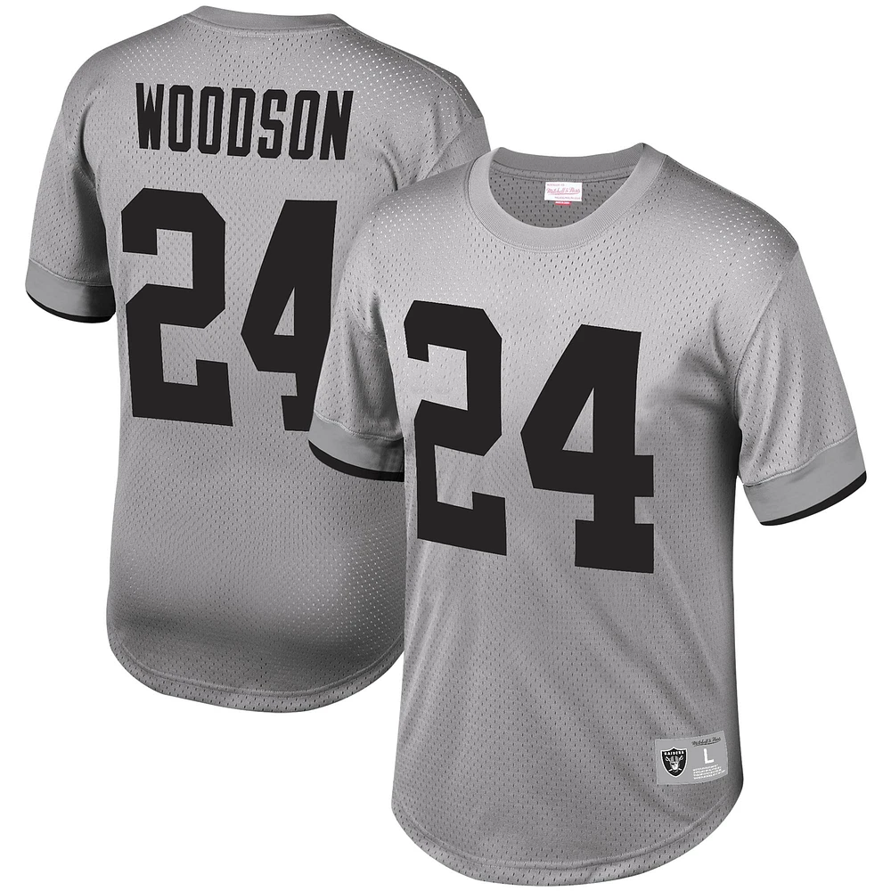 Men's Mitchell & Ness Charles Woodson Silver Los Angeles Raiders Retired Player Name & Number Mesh Crew Neck Top