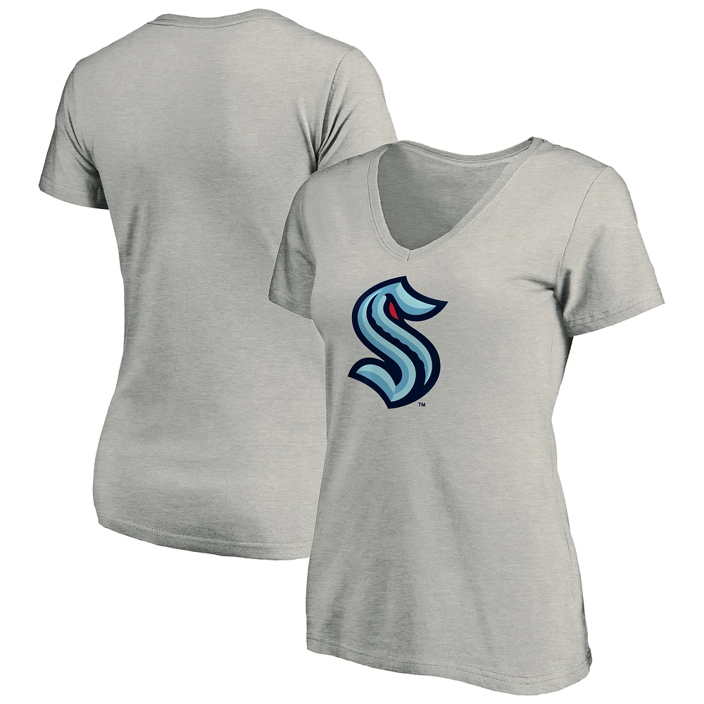 Women's Fanatics Heather Gray Seattle Kraken Plus Size Primary Logo V-Neck T-Shirt