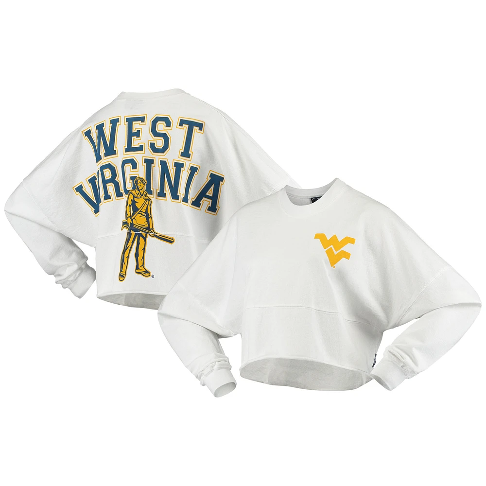 Women's White West Virginia Mountaineers Raw Hem Cropped Spirit Jersey Long Sleeve T-Shirt