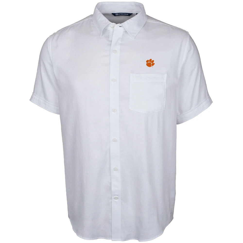 Men's Cutter & Buck White Clemson Tigers Windward Twill Button-Up Short Sleeve Shirt