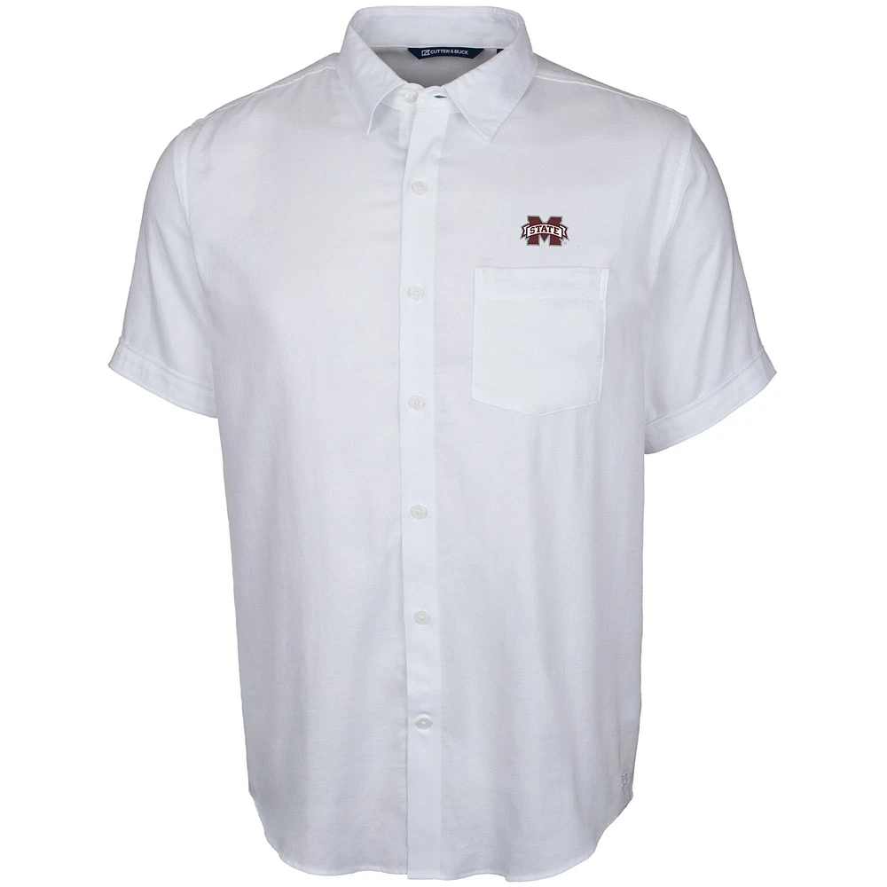 Men's Cutter & Buck White Mississippi State Bulldogs Windward Twill Button-Up Short Sleeve Shirt
