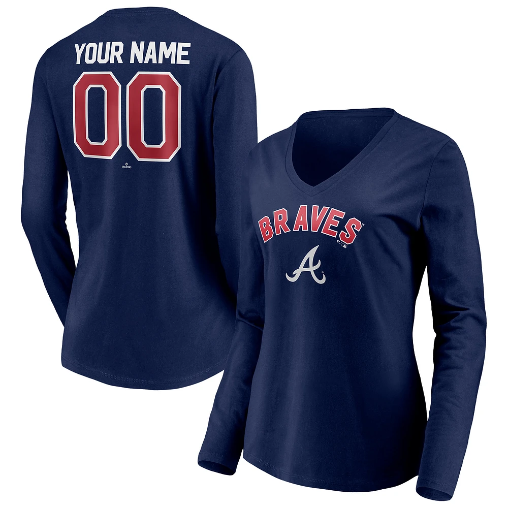 Women's Navy Atlanta Braves Personalized Winning Streak Name & Number Long Sleeve V-Neck T-Shirt