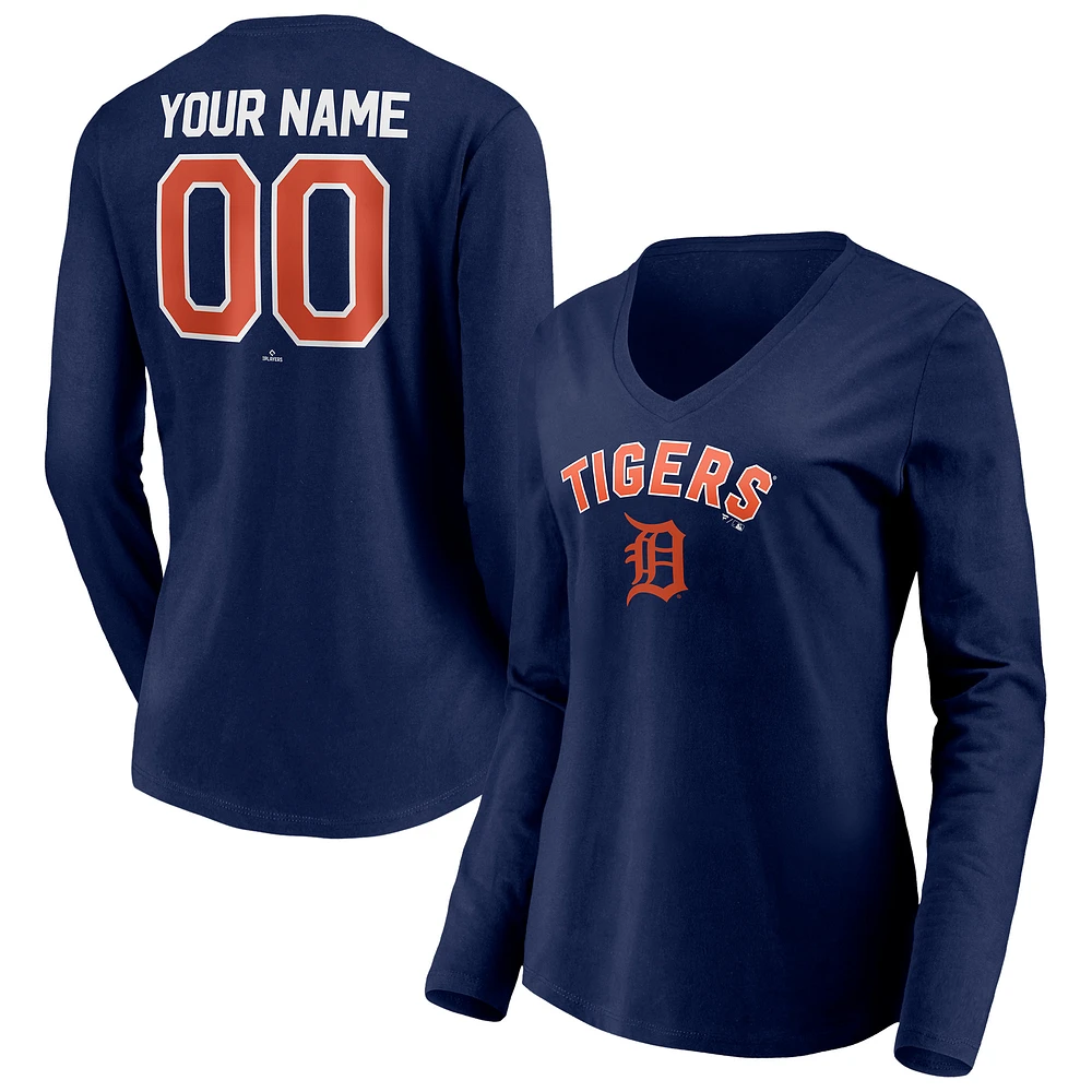 Women's Navy Detroit Tigers Personalized Winning Streak Name & Number Long Sleeve V-Neck T-Shirt
