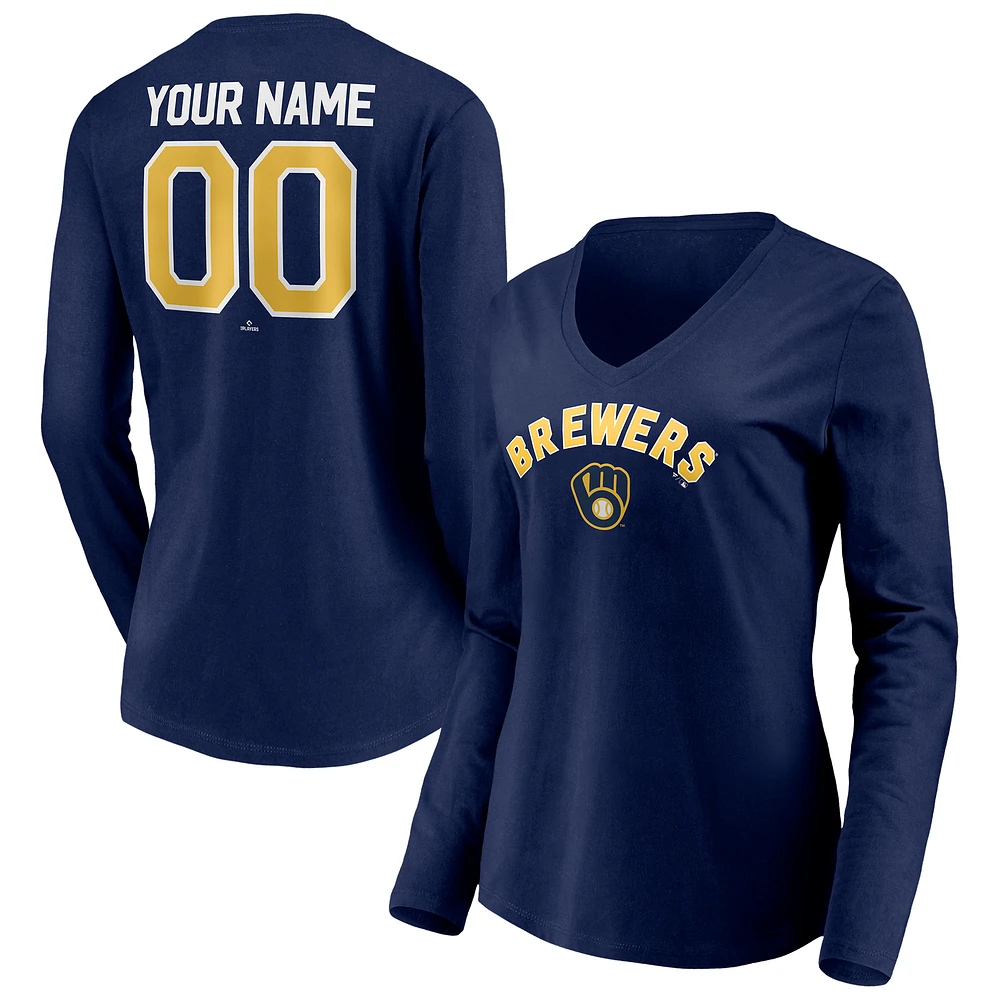 Women's Navy Milwaukee Brewers Personalized Winning Streak Name & Number Long Sleeve V-Neck T-Shirt