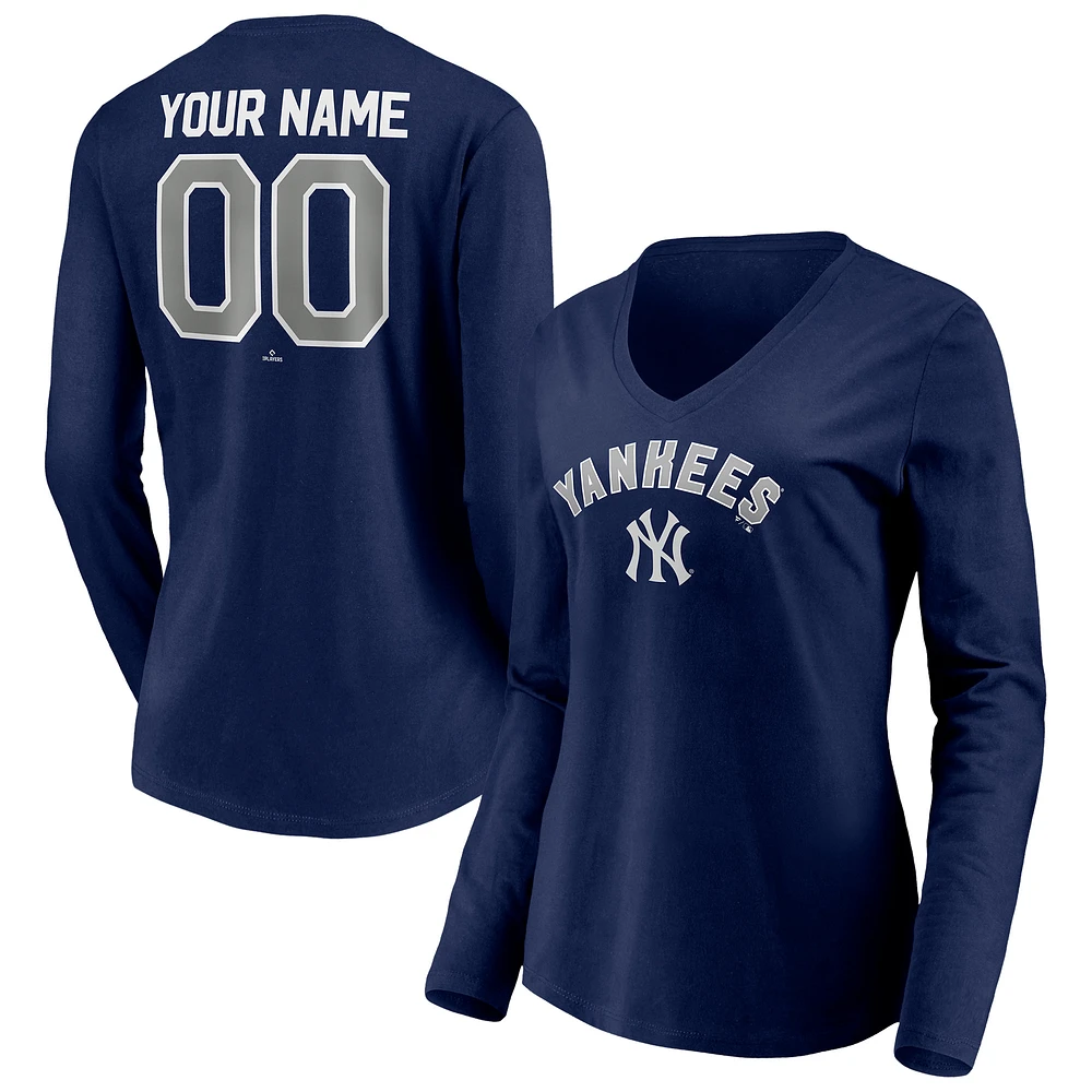 Women's Navy New York Yankees Personalized Winning Streak Name & Number Long Sleeve V-Neck T-Shirt