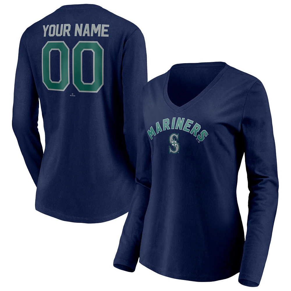 Women's Navy Seattle Mariners Personalized Winning Streak Name & Number Long Sleeve V-Neck T-Shirt