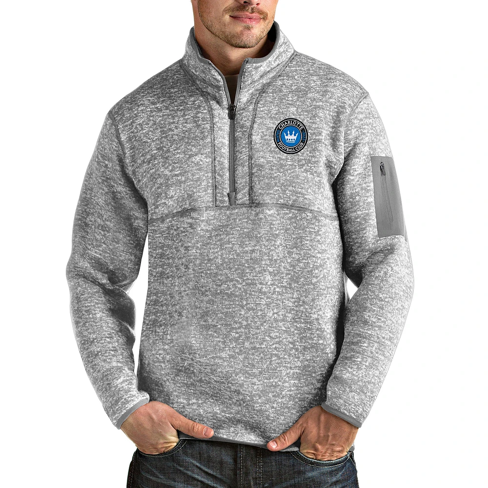 Men's Antigua Gray Charlotte FC Fortune Quarter-Zip Pullover Jacket