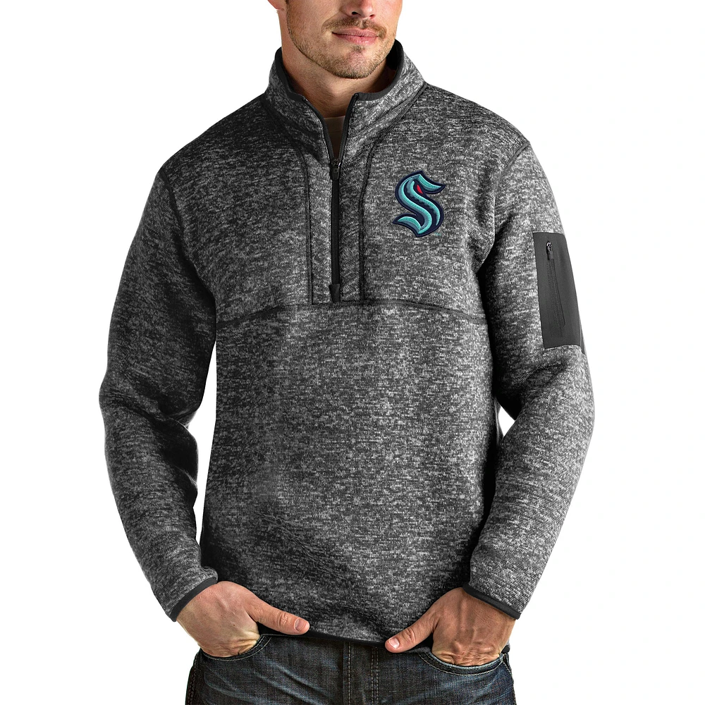 Men's Antigua Heather Charcoal Seattle Kraken Fortune Quarter-Zip Pullover Jacket