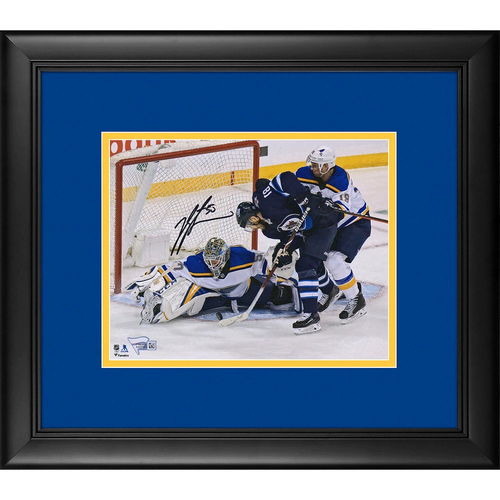 Jordan Binnington St. Louis Blues Framed Autographed 8" x 10" 2019 Stanley Cup Playoffs Game 1 Game-Preserving Save vs. Winnipeg Photograph