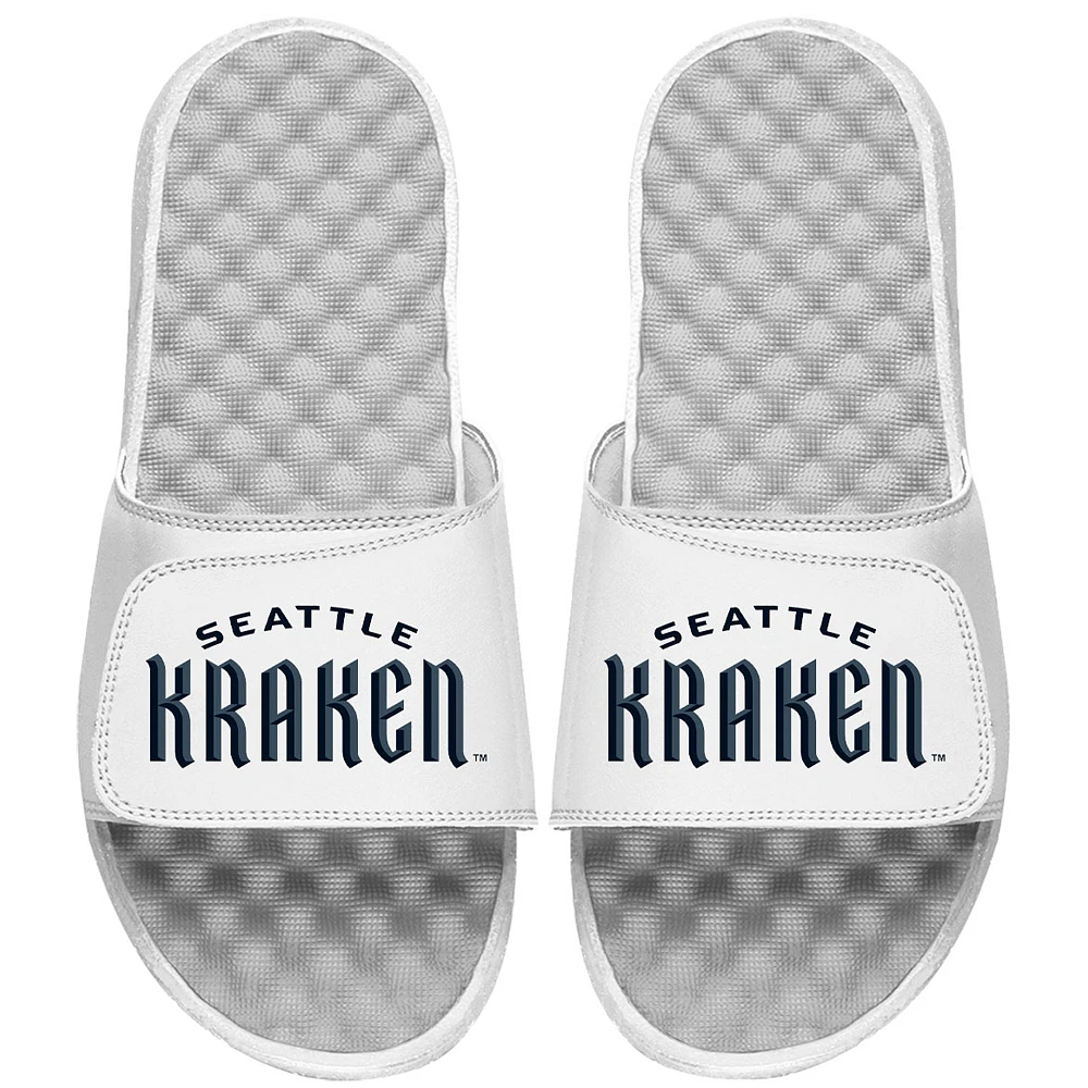 Youth ISlide White Seattle Kraken Wordmark Slide Sandals