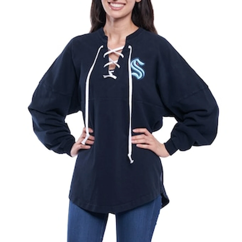 Women's Fanatics Navy Seattle Kraken Lace Up Long Sleeve Spirit Top