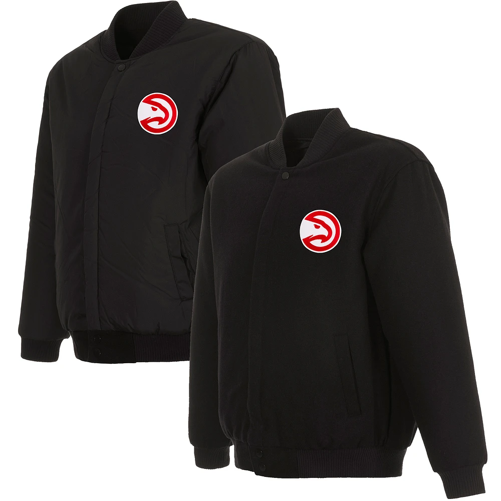 Men's JH Design Black Atlanta Hawks Reversible Front Embroidered Wool Full-Snap Jacket