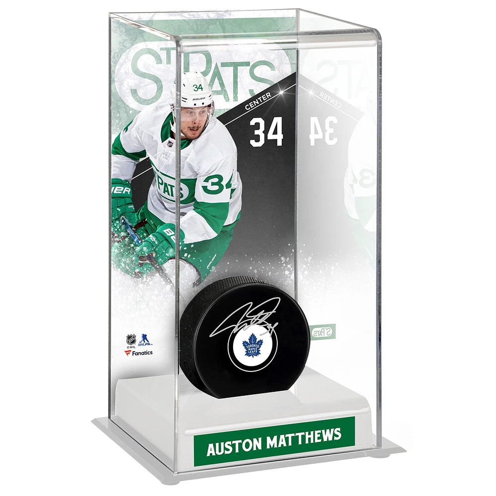 Auston Matthews Toronto Maple Leafs Autographed Puck with Toronto St. Pats Deluxe Tall Hockey Puck Display Case