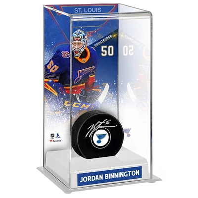 Jordan Binnington St. Louis Blues Autographed Puck with 90's Retro Alternate Jersey Deluxe Tall Hockey Puck Display Case