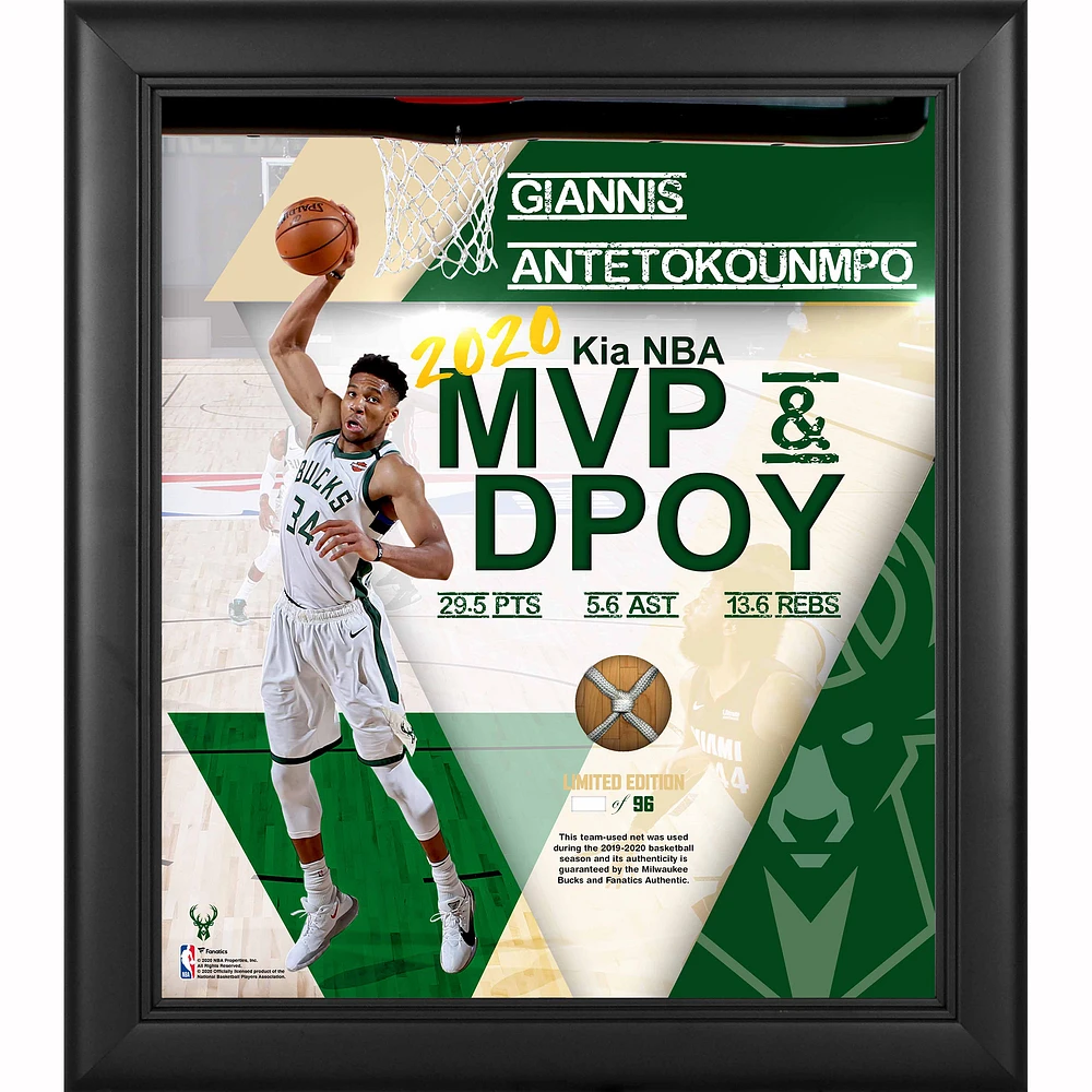 Giannis Antetokounmpo Milwaukee Bucks Framed 15" x 17" 2020 NBA MVP & DPOY Collage with Team-Used Net From the 2019-20 Season - Limited Edition of 96