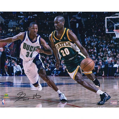 Gary Payton Seattle Supersonics Autographed 16" x 20" Dribbling in Green Photograph