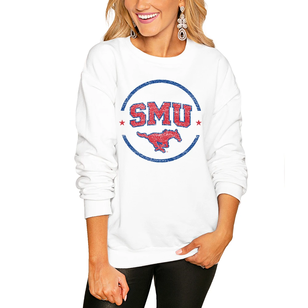 Women's White SMU Mustangs End Zone Pullover Sweatshirt