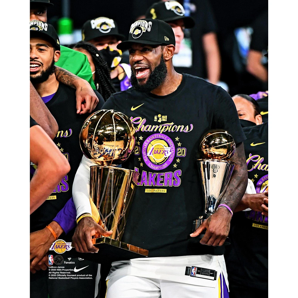 LeBron James Los Angeles Lakers Unsigned 2020 NBA Finals Bill Russell MVP Trophy and Larry O'Brien Celebration Photograph