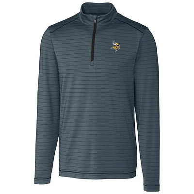 Men's Cutter & Buck Heather Black Minnesota Vikings Holman Stripe Quarter-Zip Pullover Jacket