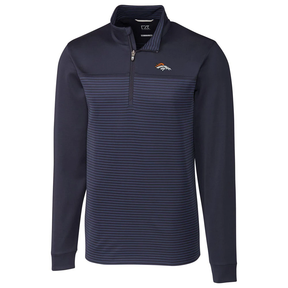 Men's Cutter & Buck Navy Denver Broncos Traverse Stripe Quarter-Zip Pullover Jacket