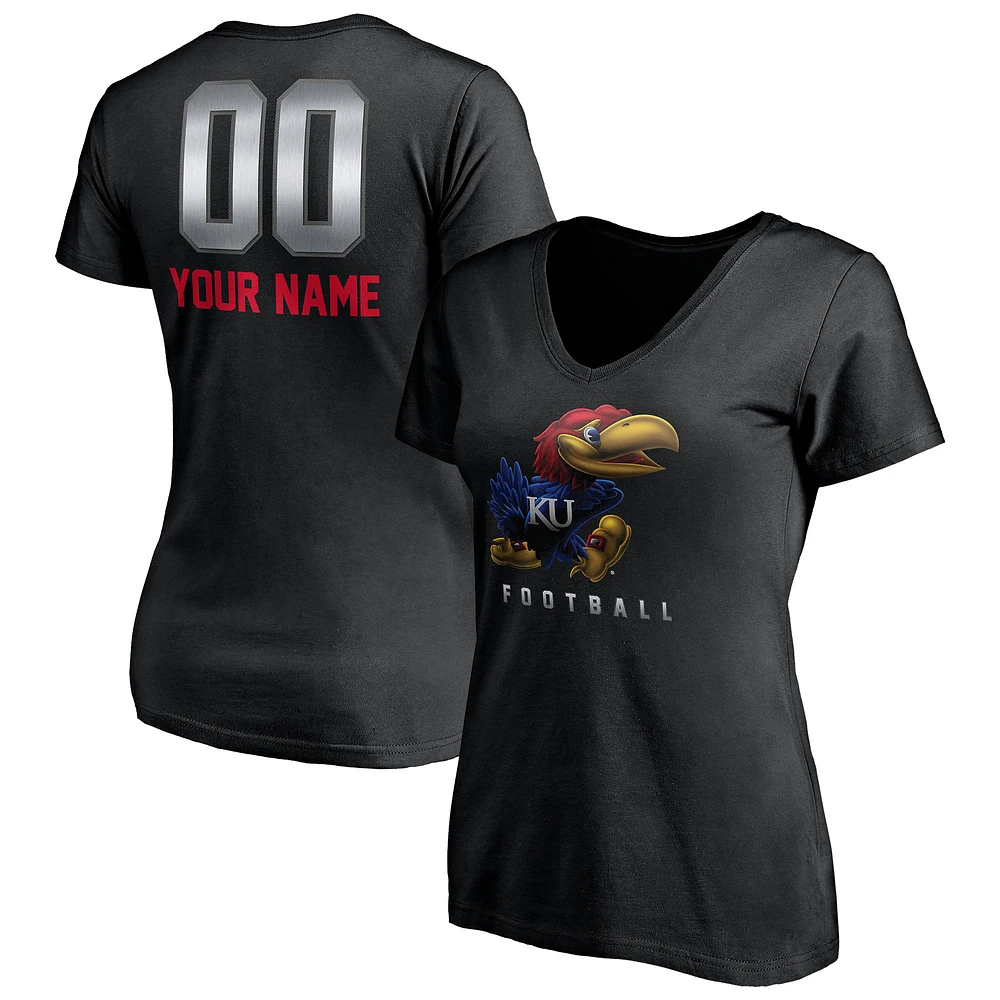 Women's Black Kansas Jayhawks Personalized Any Name & Number Midnight Mascot V-Neck T-Shirt