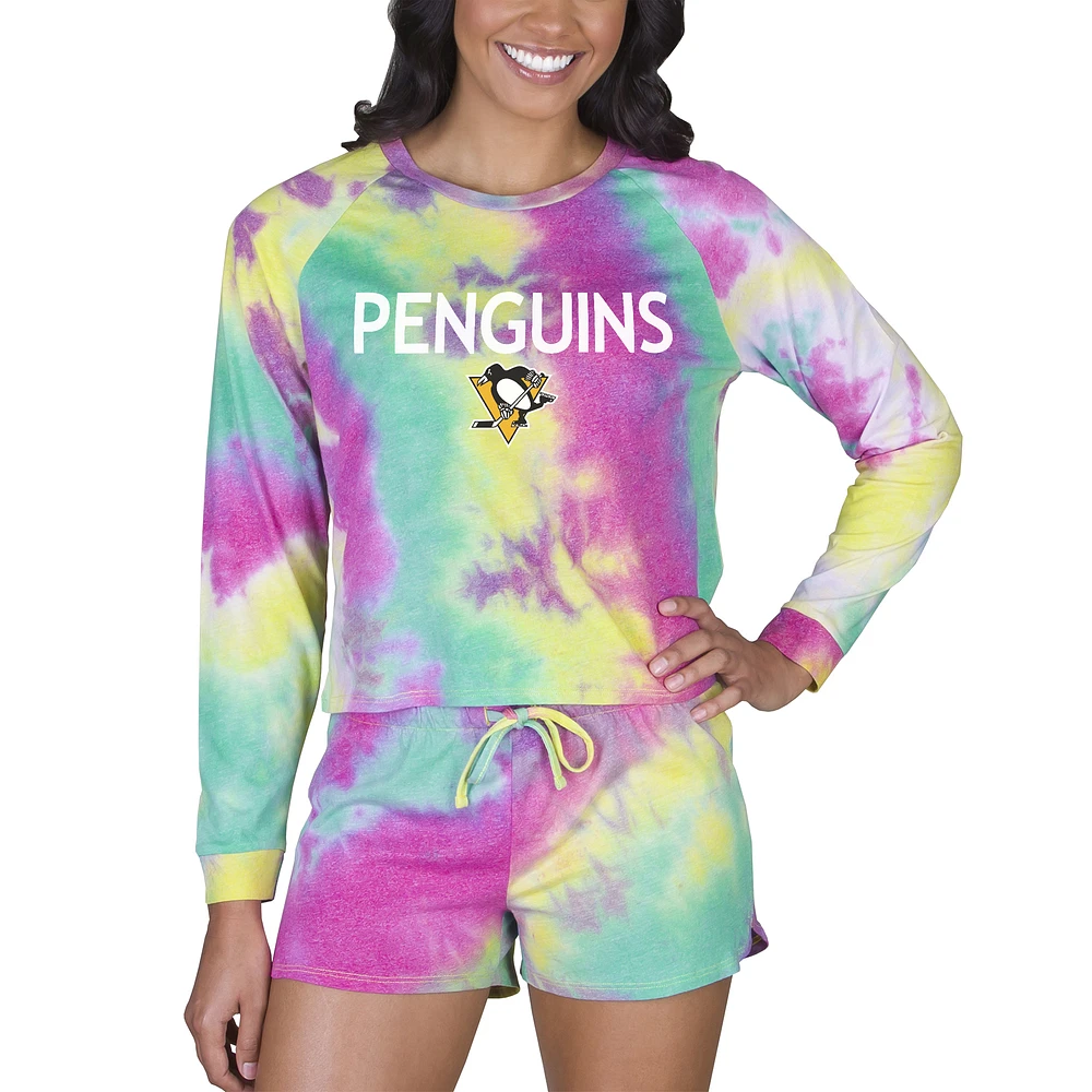 Women's Concepts Sport Pittsburgh Penguins Velodrome Tie-Dye Long Sleeve Top & Shorts Set