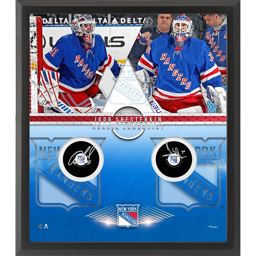 Igor Shesterkin & Henrik Lundqvist Framed Autographed Hockey Puck Shadowbox with Hockey Pucks