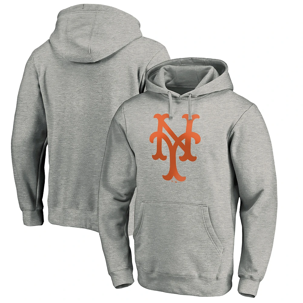 Men's Heather Gray New York Mets Cooperstown Collection Huntington Logo Fitted Pullover Hoodie