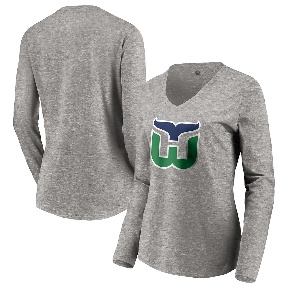 Women's Heather Gray Carolina Hurricanes Special Edition Primary Logo V-Neck Long Sleeve T-Shirt