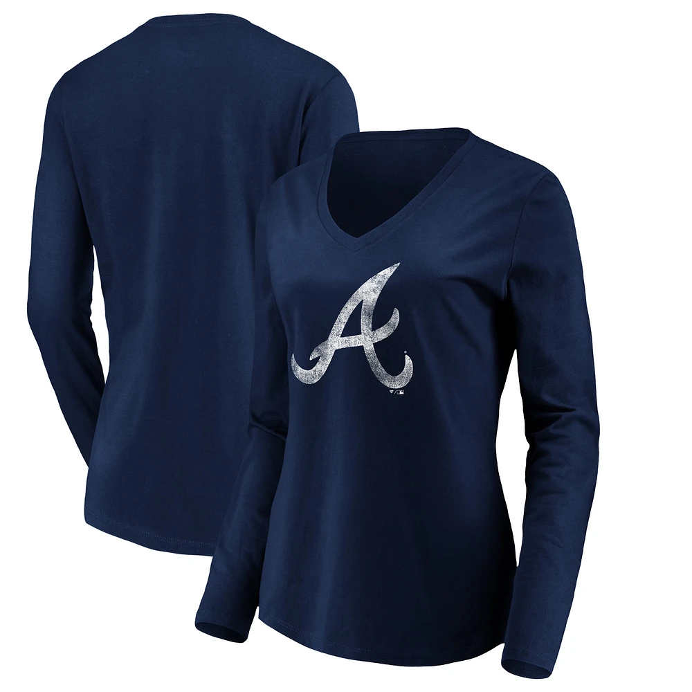 Women's Navy Atlanta Braves Core Distressed Team Long Sleeve T-Shirt