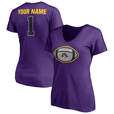 Women's Purple ECU Pirates Game Ball Football Personalized Name V-Neck T-Shirt