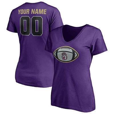 Women's Purple James Madison Dukes Game Ball Football Personalized Name & Number V-Neck T-Shirt