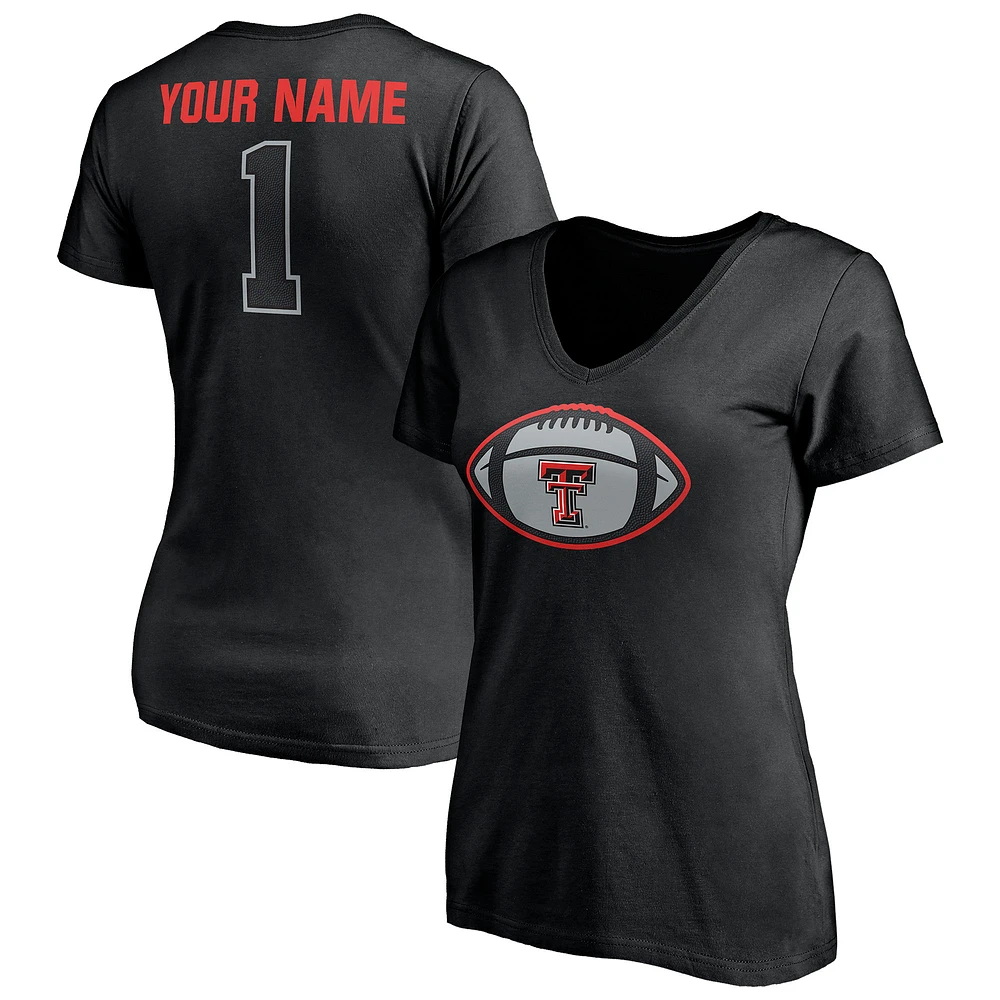 Women's Black Texas Tech Red Raiders Game Ball Football Personalized Name V-Neck T-Shirt
